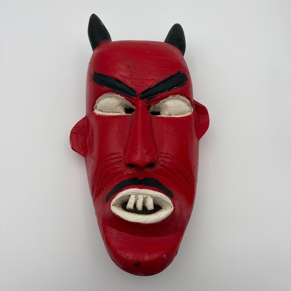 Vintage Hand Carved Wooden Mask Mexico Red Painted